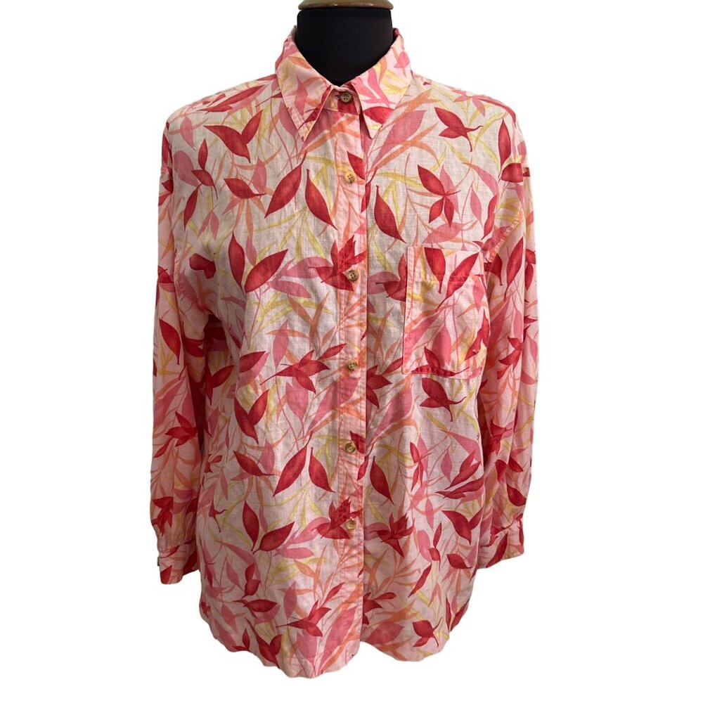 Bay Studio Petite Womens Pink Floral Button-Up Long Sleeve Blouse PL